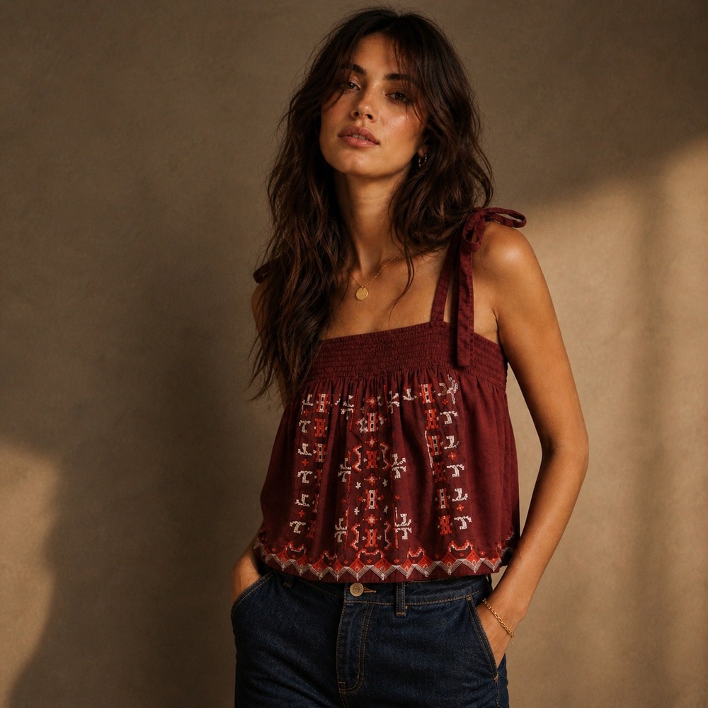 Anthropologie Embroidered Tie Strap Tank XS Rust Red Aliza